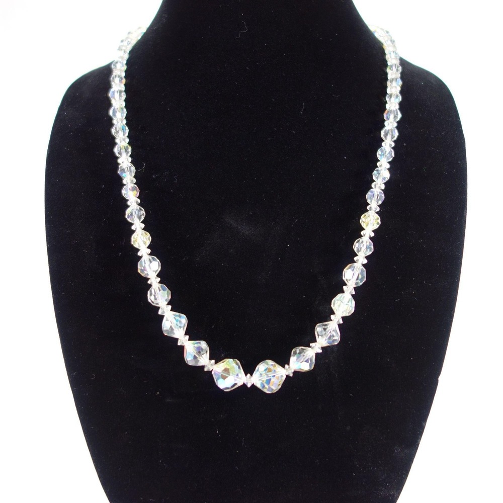 Vintage Aurora Borealis Crystal Graduated Beaded Necklace 20 Inch Clear AB